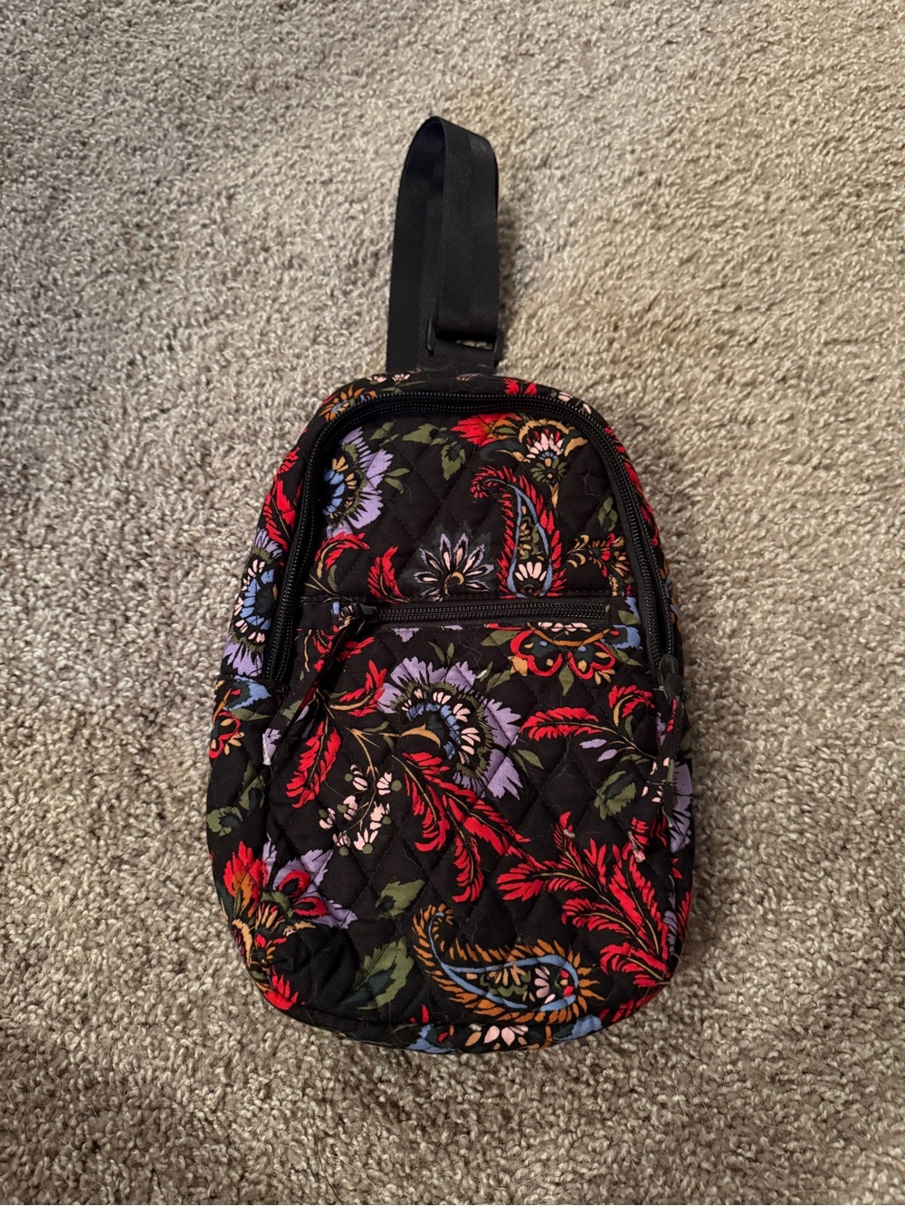 Quilted Floral Sling Bag in Black with Red & Purple Accents